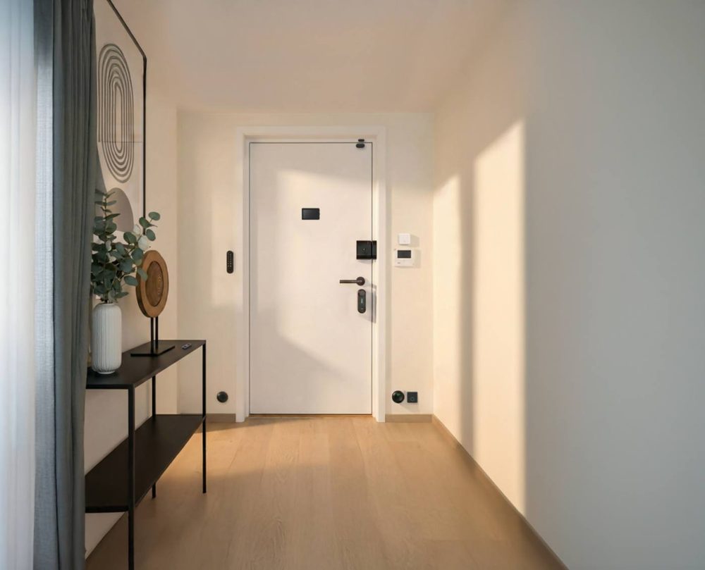 Recibidor de una vivienda con dispositivos AYR en la puerta