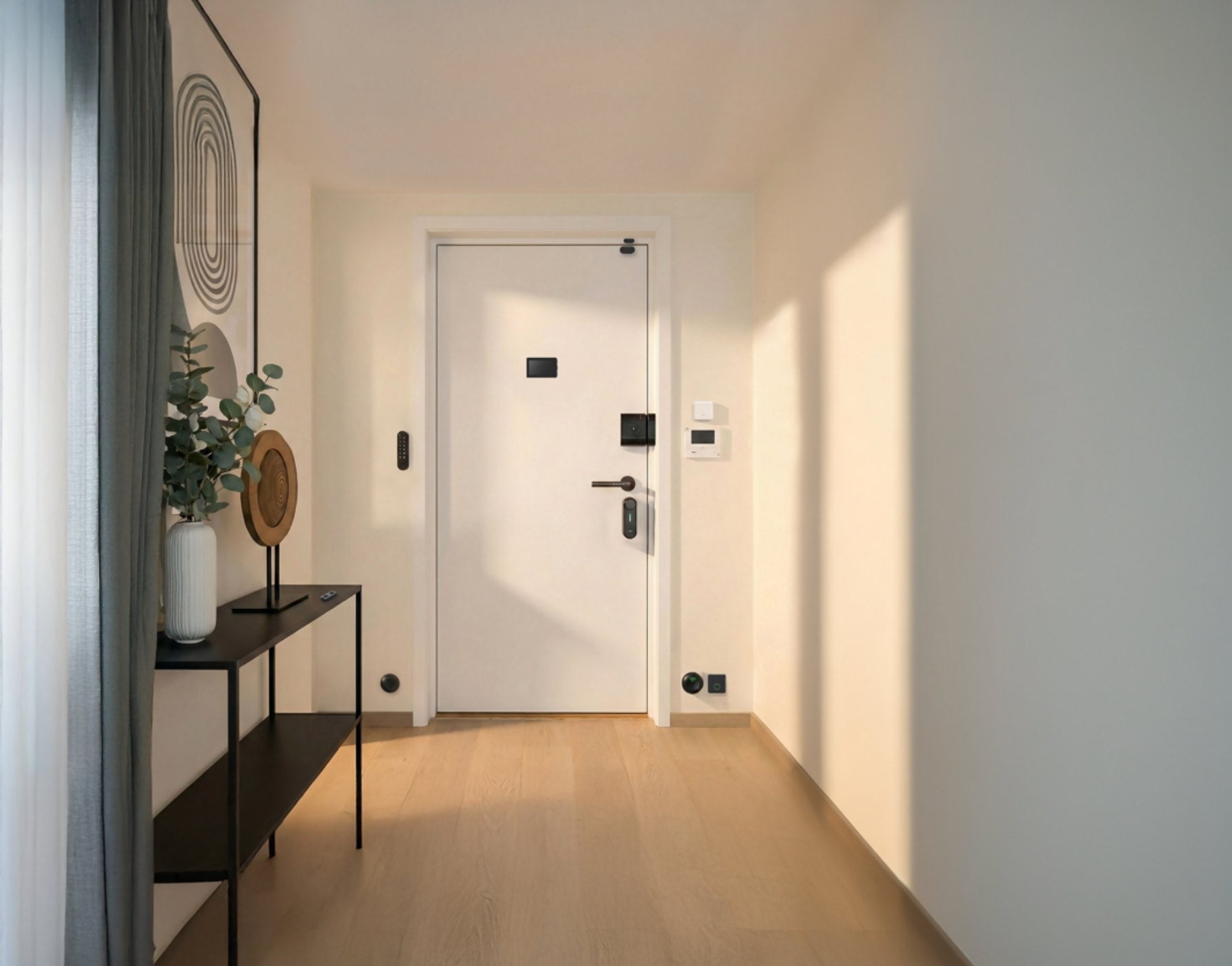 Front door with AYR Integra lock, keypad, peephole, sensors and gateway