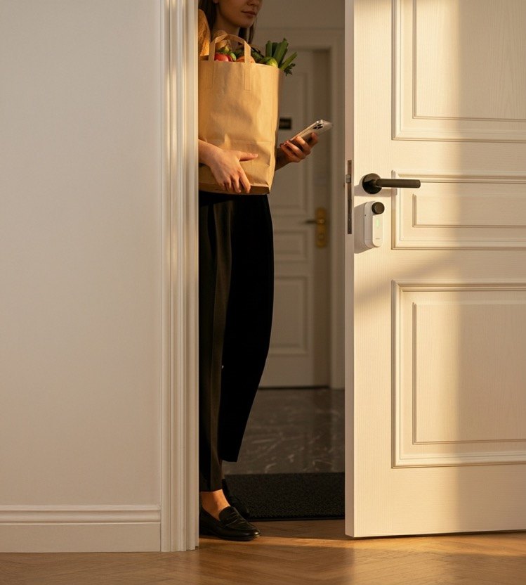 Woman coming home with her shopping and phone in hand
