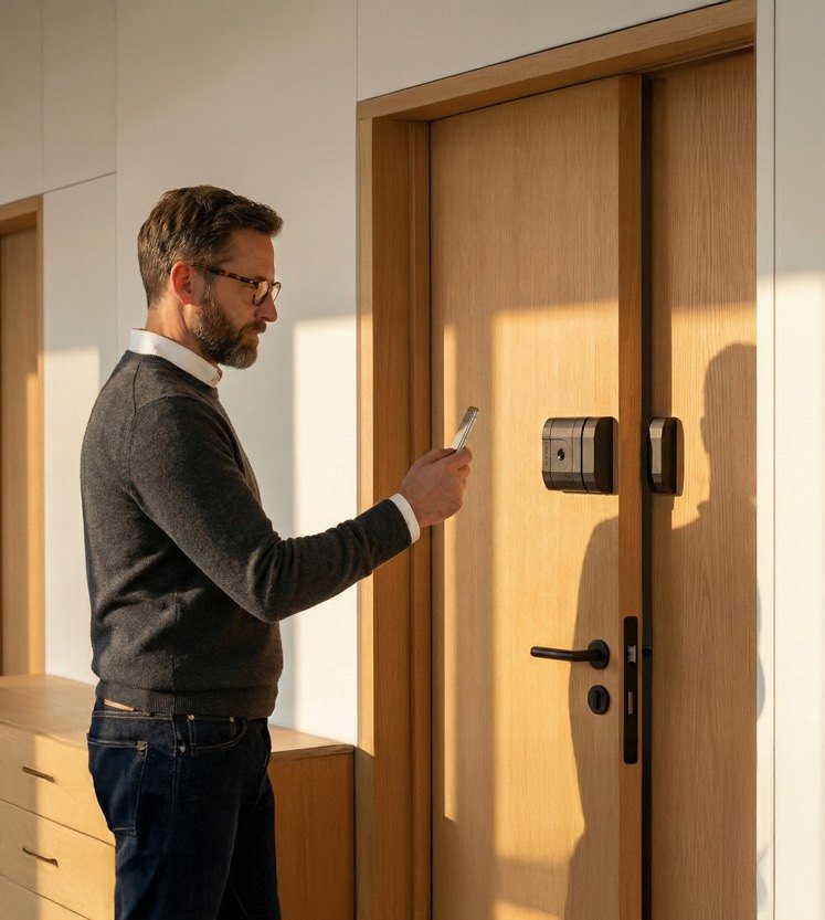 Man opening a door with an invisible AYR Lock Pro using his phone