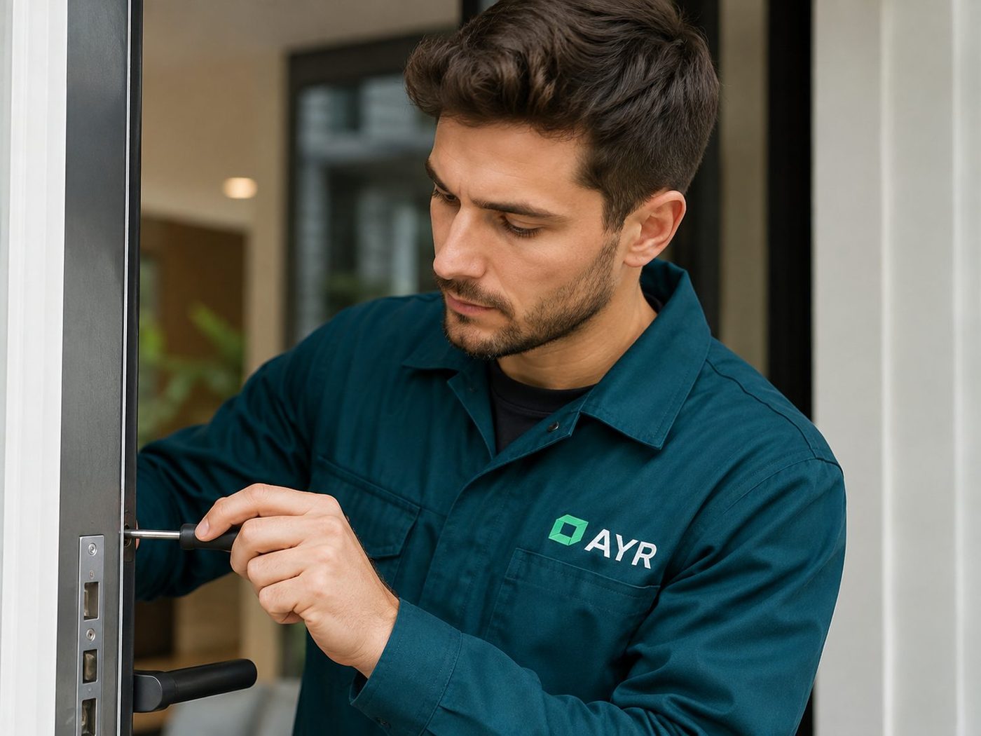 Técnico de AYR instalando una cerradura en una puerta